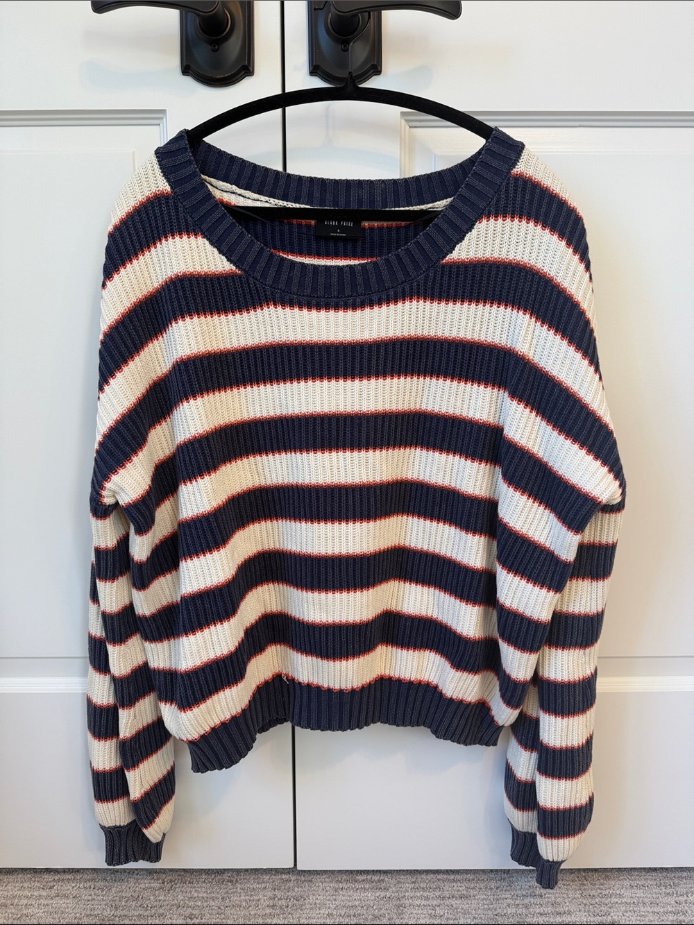 Striped Crewneck Sweater in Navy, Orange, and Cream